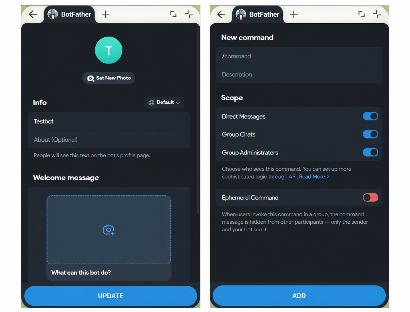 Оформление профиля и меню команд в BotFather