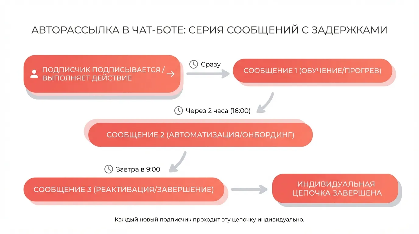 Схема работы авторассылки с задержками между сообщениями