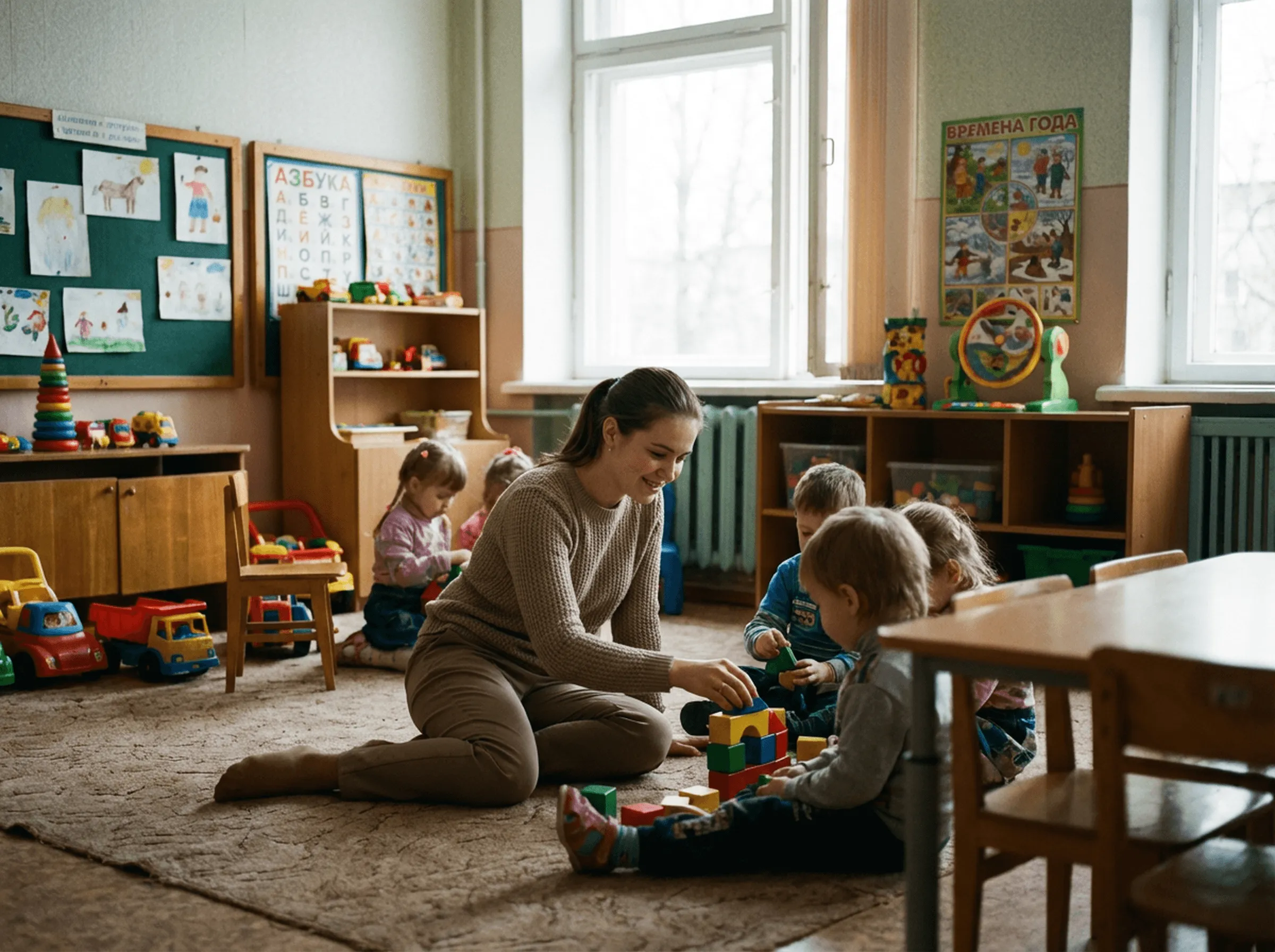 Воспитатель с детьми в детском саду