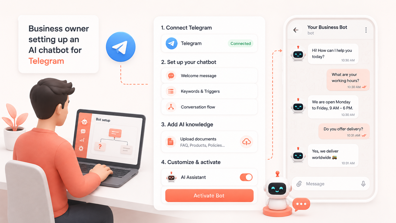 Business owner setting up an AI chatbot for Telegram