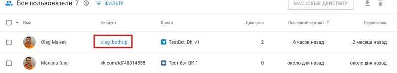 Ник подписчика в интерфейсе BotHelp