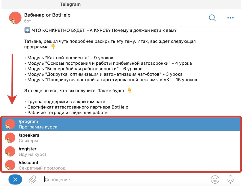 Пример меню команд в интерфейсе Телеграма